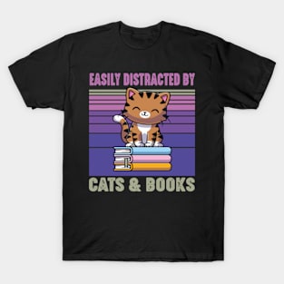 Easily Distracted by Cats and Books Funny Cat Lover T-Shirt